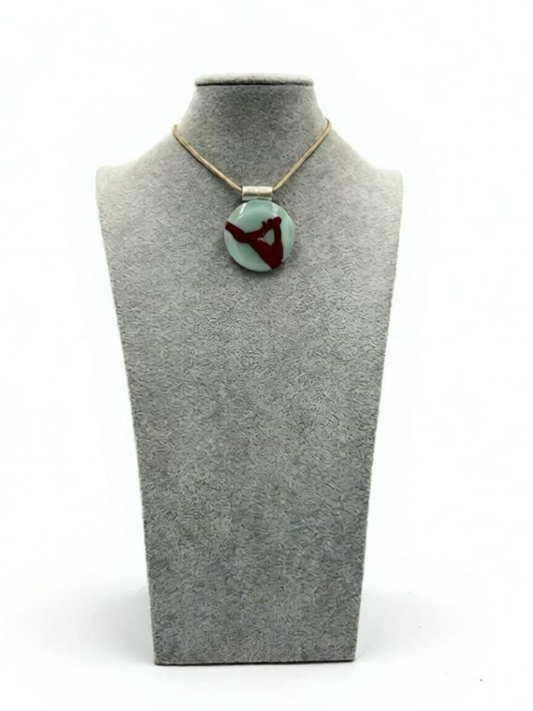 Robin’s Egg Blue Fused Glass Disc Pendant with Red details-2”