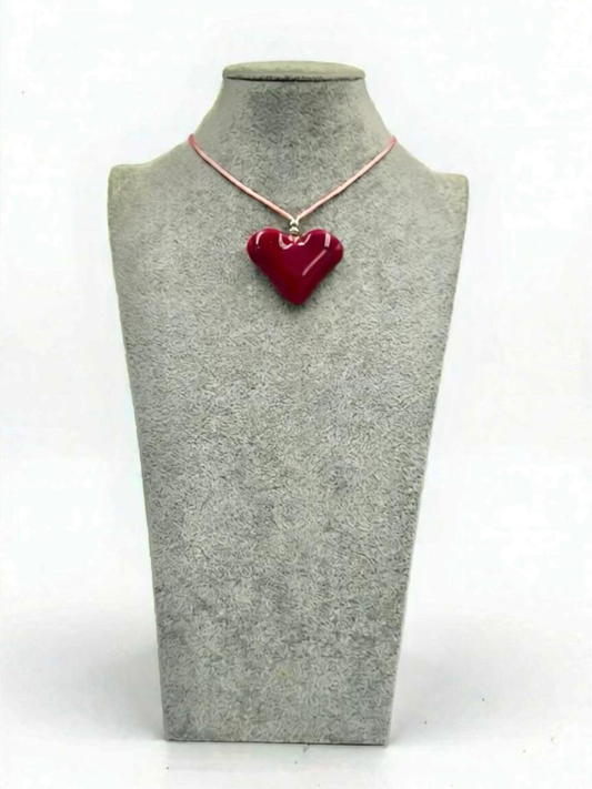 Red Fused Glass Heart Pendant - 2” x 1.5”