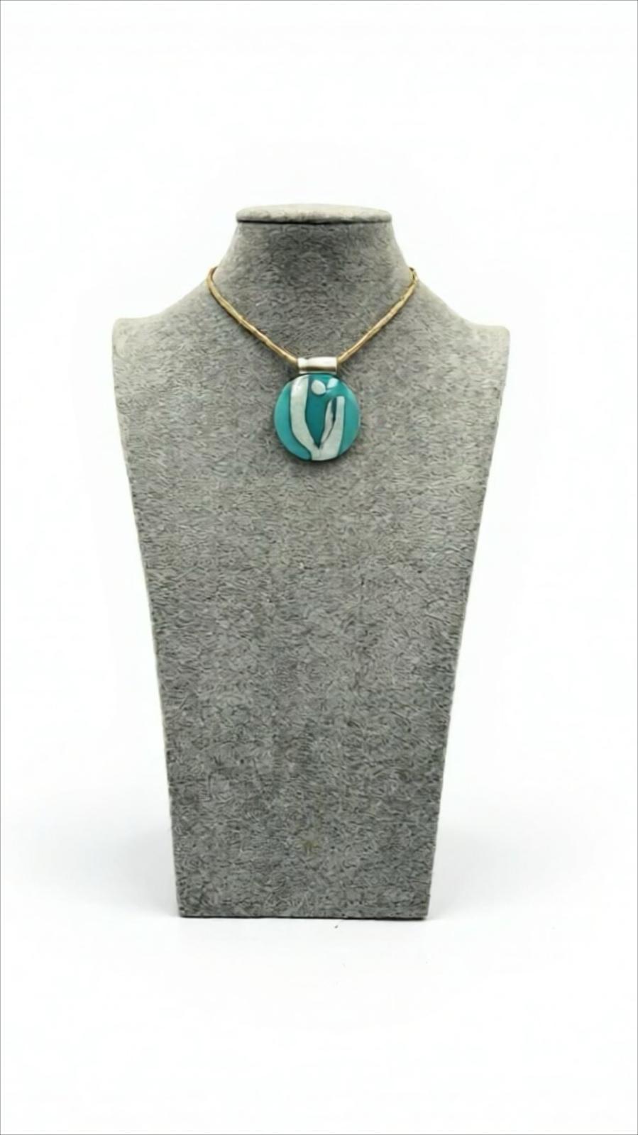 Turquoise Blue Fused Glass Disc Pendant with French Vanilla details-2”