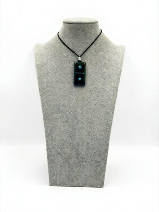 Black Iridescent Fused Glass Domino Pendant with Turquoise Details - 2” x 1”