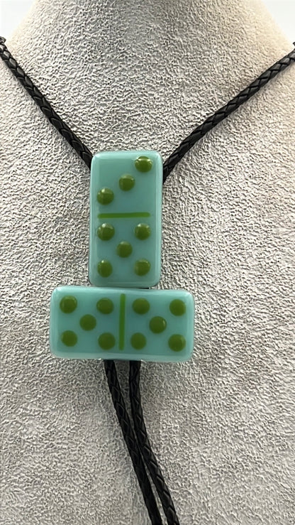 Aqua Blue Fused Glass Domino Bolo Tie with Olive Green Details - 2 Piece