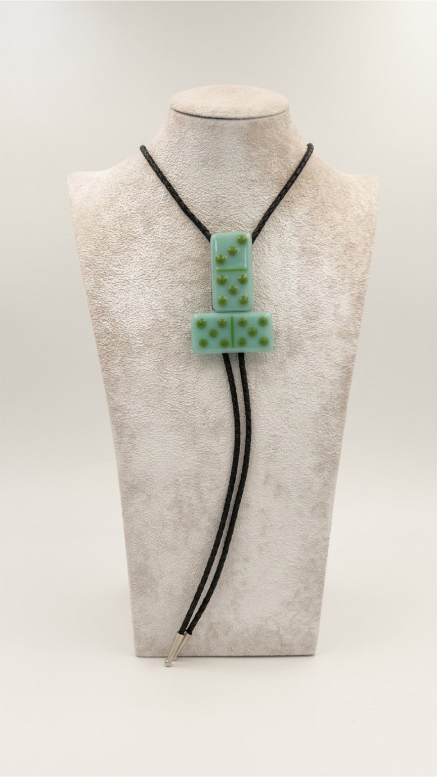 Aqua Blue Fused Glass Domino Bolo Tie with Olive Green Details - 2 Piece