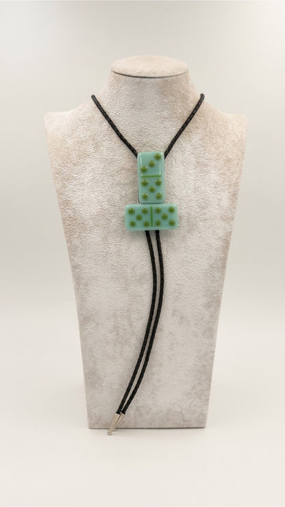 Aqua Blue Fused Glass Domino Bolo Tie with Olive Green Details - 2 Piece