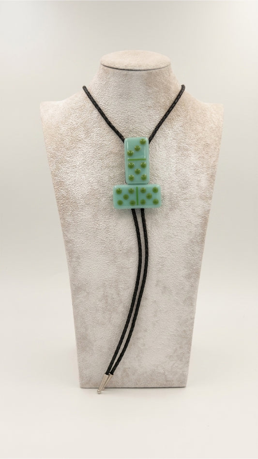 Aqua Blue Fused Glass Domino Bolo Tie with Olive Green Details - 2 Piece