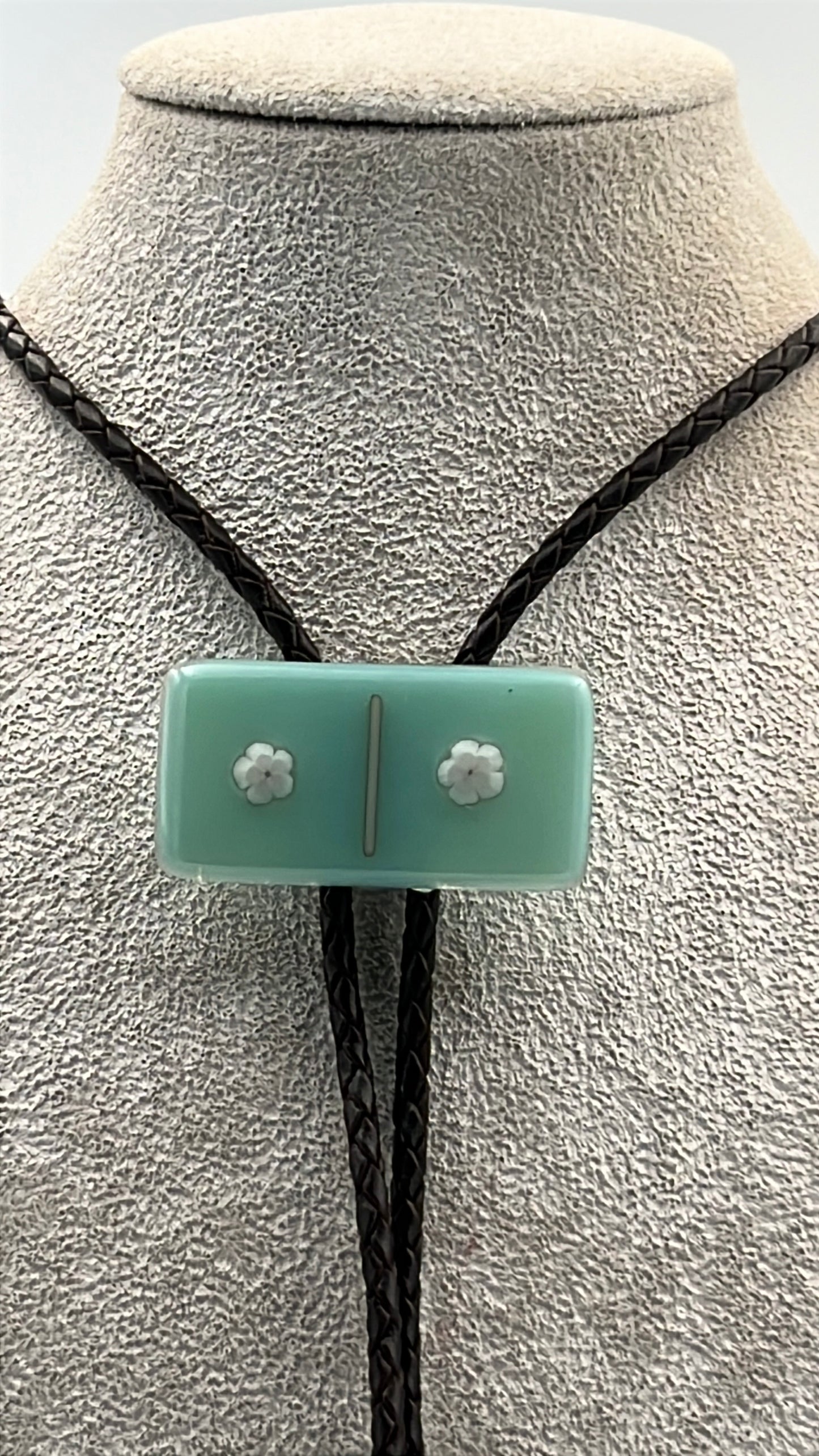 Aqua Blue Fused Glass Domino Bolo Tie with White Millefiori Details