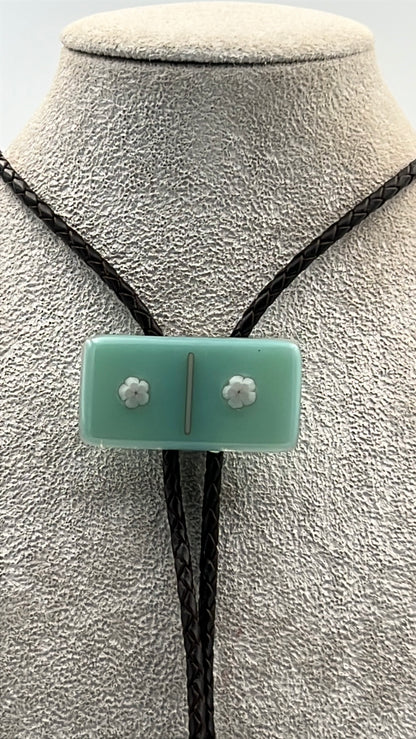 Aqua Blue Fused Glass Domino Bolo Tie with White Millefiori Details