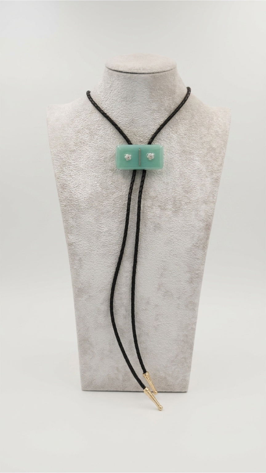 Aqua Blue Fused Glass Domino Bolo Tie with White Millefiori Details