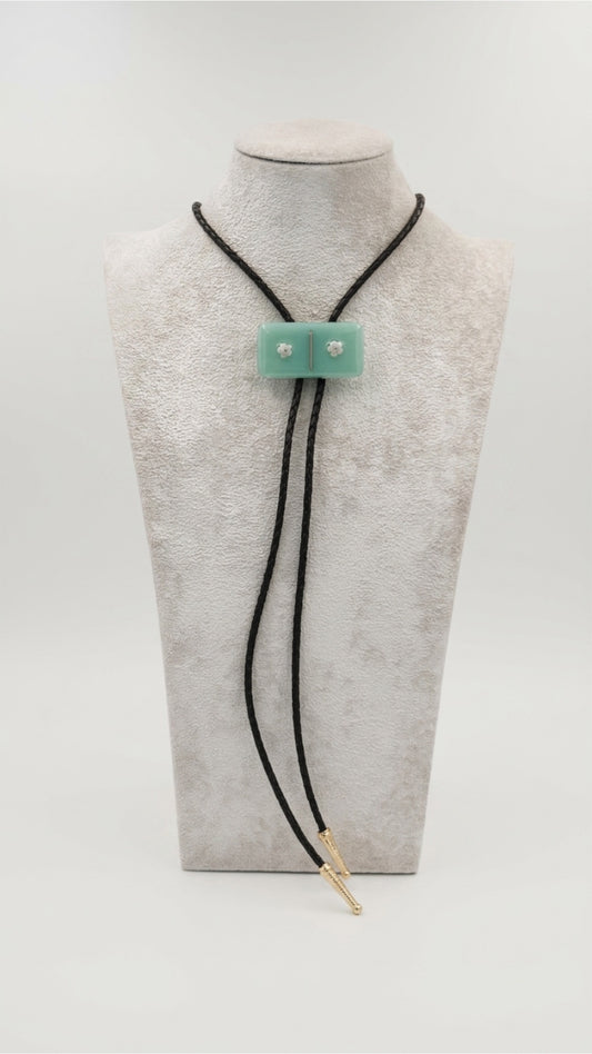 Aqua Blue Fused Glass Domino Bolo Tie with White Millefiori Details