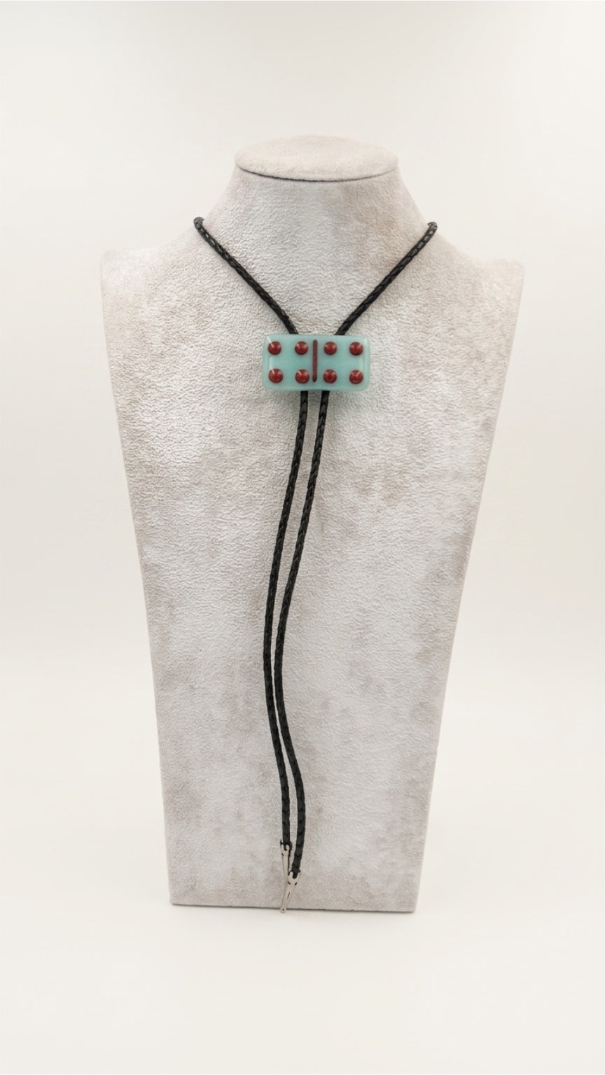 Aqua Blue Fused Glass Domino Bolo Tie with Red Details