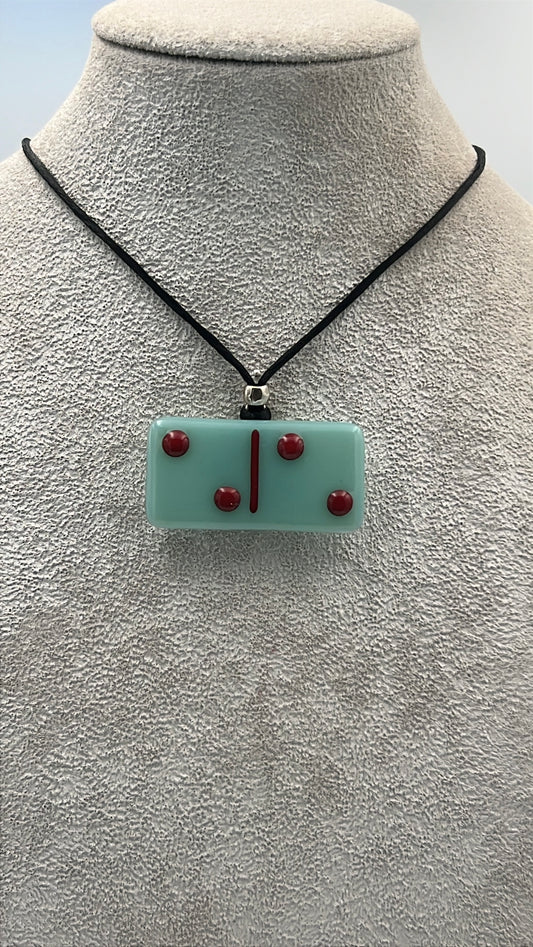 Aqua Blue Fused Glass Domino Pendant with Red Details