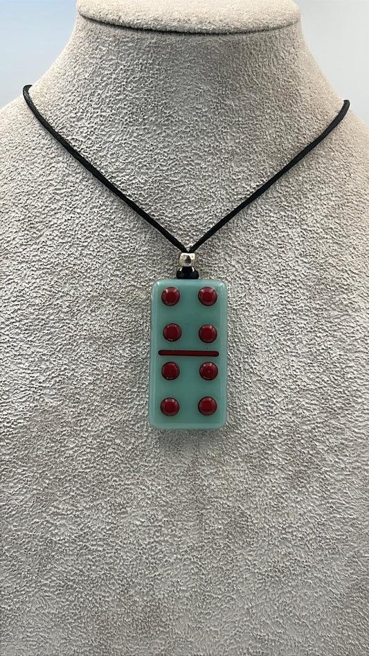 Aqua Blue Fused Glass Domino Pendant with Red Details