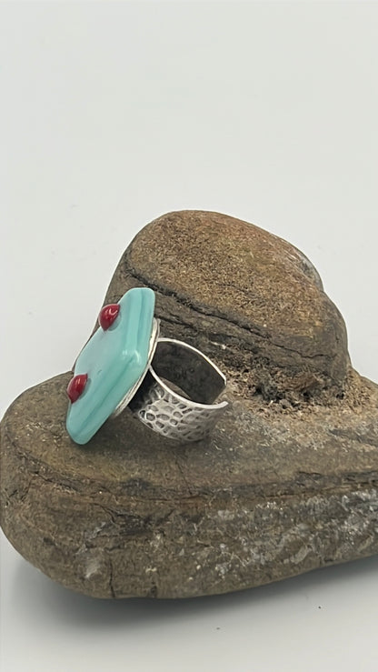 Aqua Fused Glass Adjustable Number Ring with Red Details