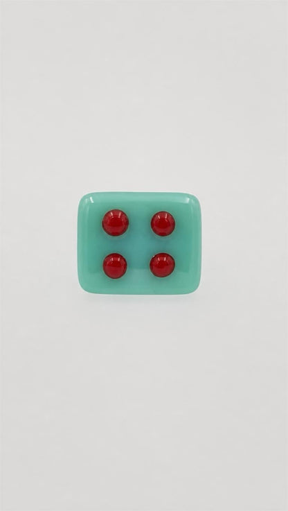 Aqua Fused Glass Adjustable Number Ring with Red Details