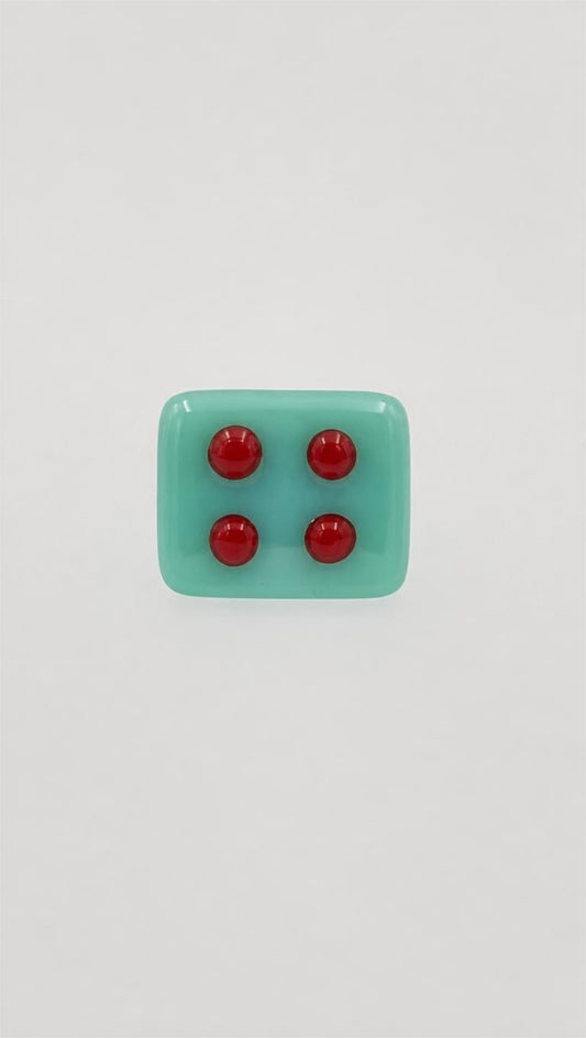 Aqua Fused Glass Adjustable Number Ring with Red Details