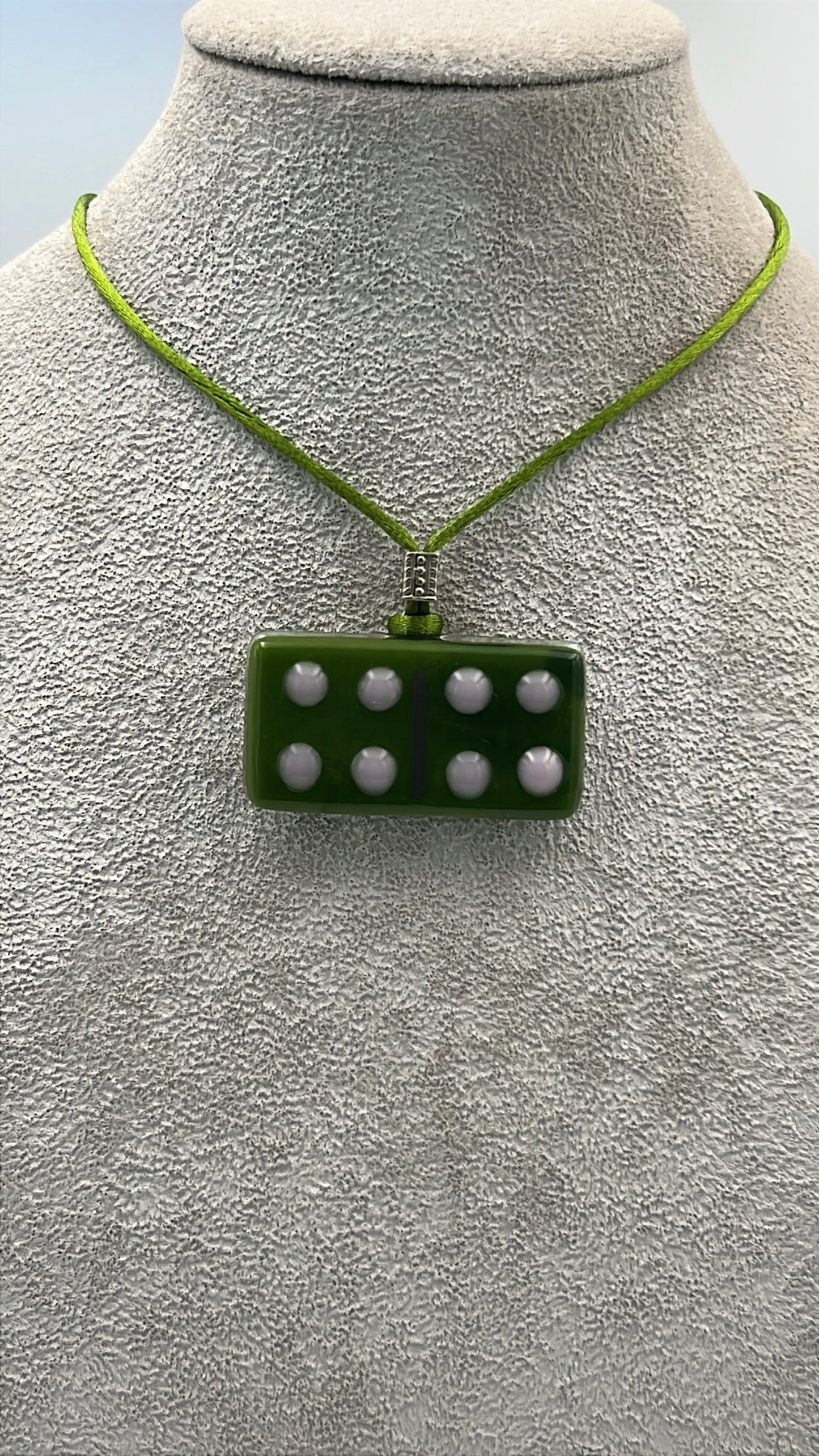 Avocado Green Fused Glass Domino Pendant with Pink Details