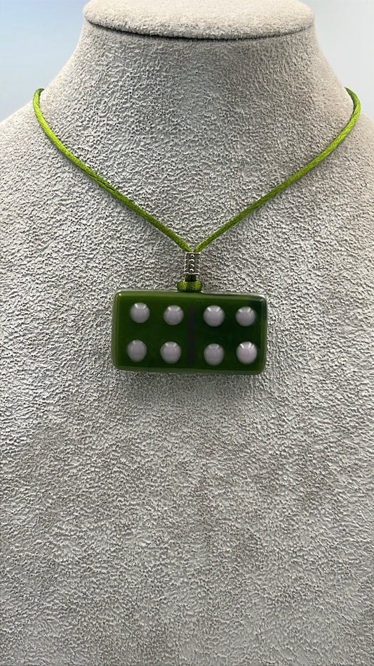 Avocado Green Fused Glass Domino Pendant with Pink Details