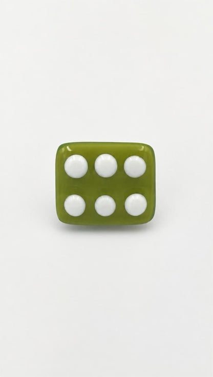 Avocado Green Fused Glass Adjustable Number Ring with White Details
