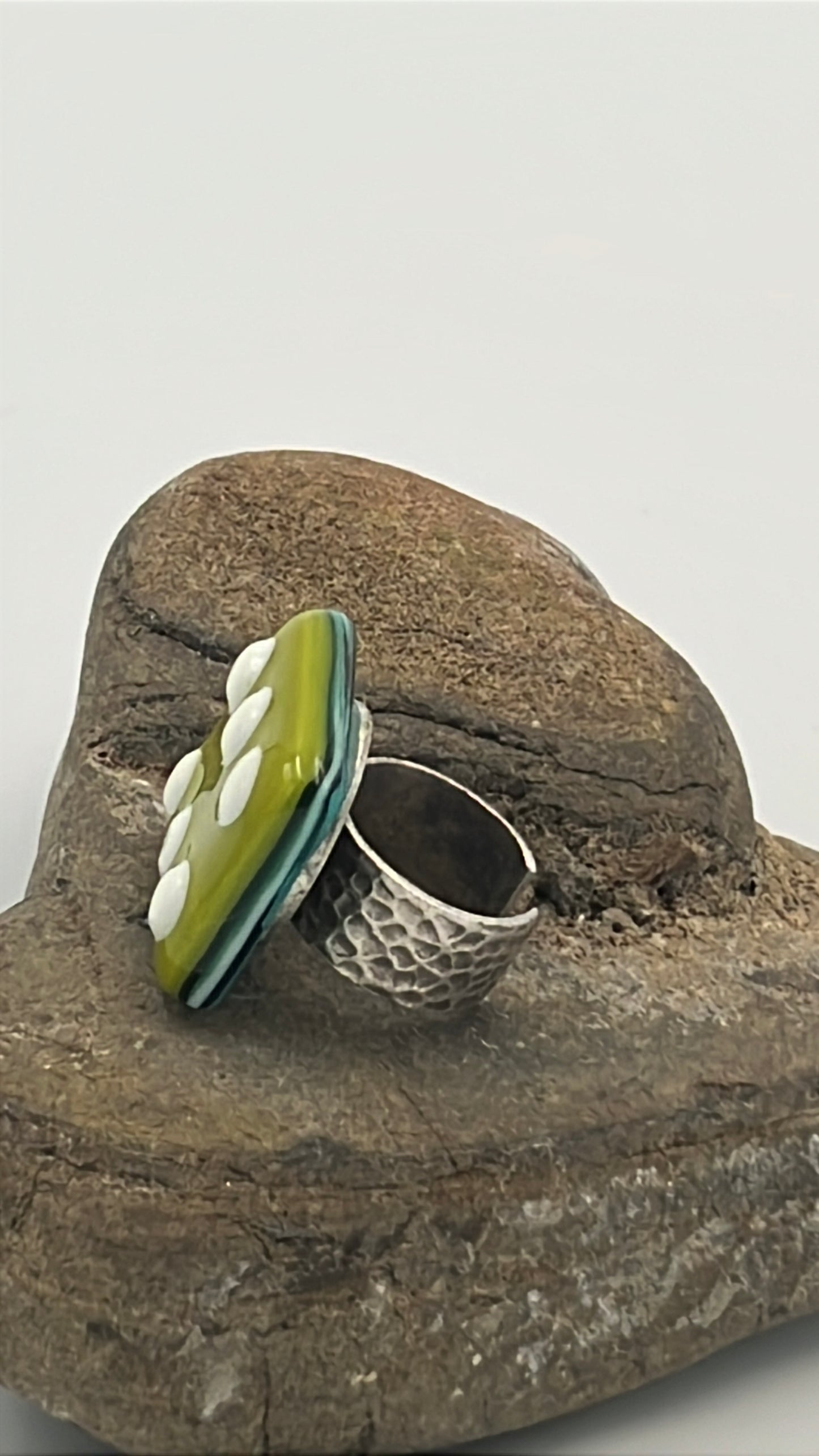 Avocado Green Fused Glass Adjustable Number Ring with White Details