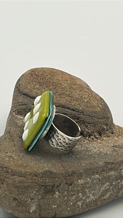 Avocado Green Fused Glass Adjustable Number Ring with White Details