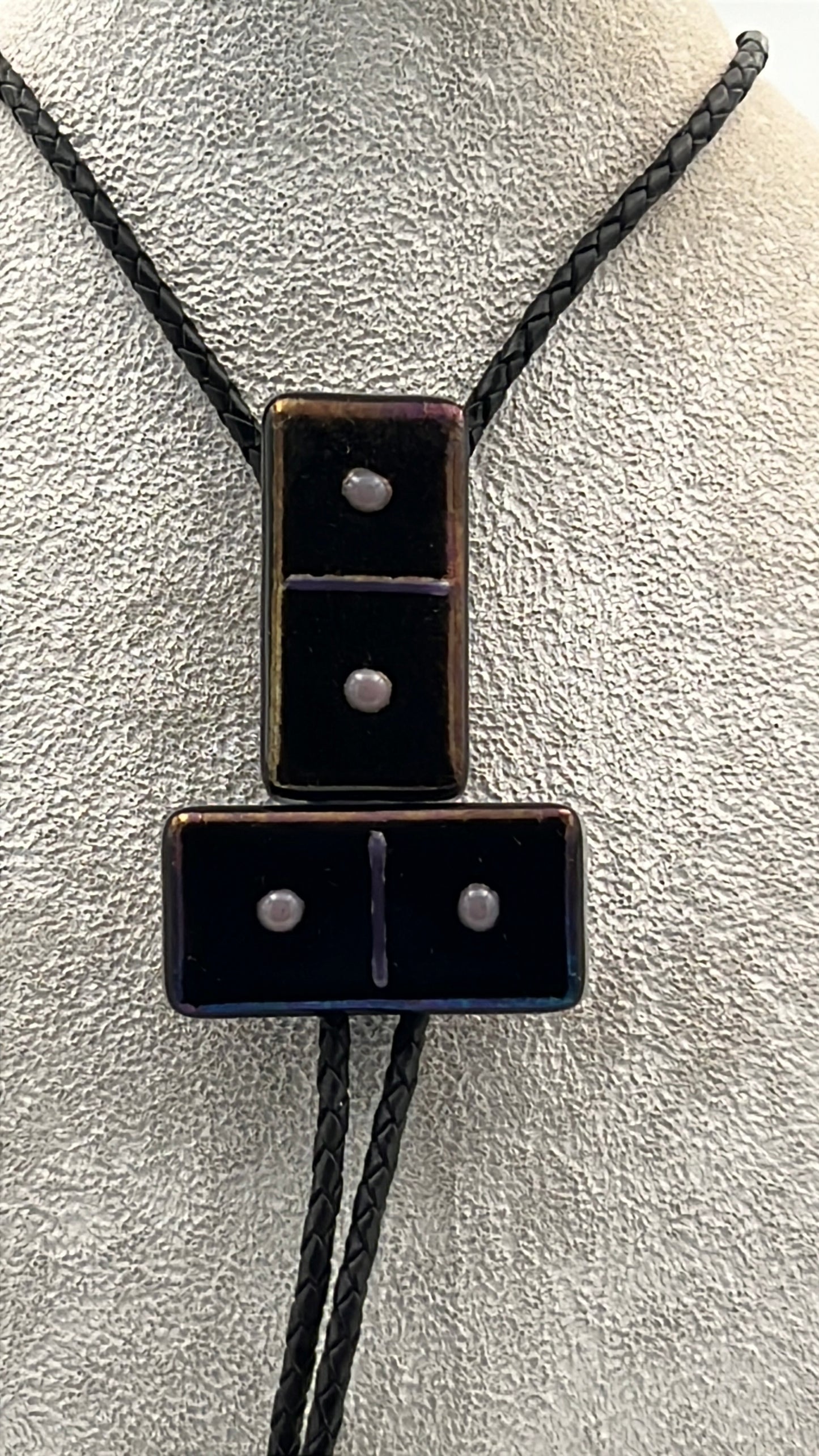 Black Iridescent Rainbow Fused Glass Domino Bolo Tie with Lilac Details - 2 Piece
