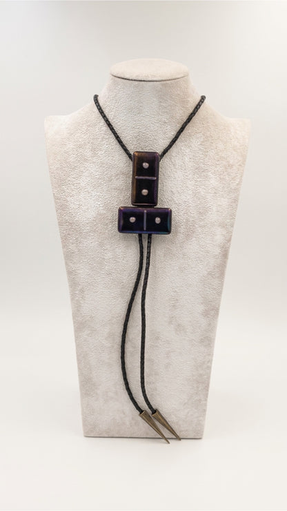 Black Iridescent Rainbow Fused Glass Domino Bolo Tie with Lilac Details - 2 Piece