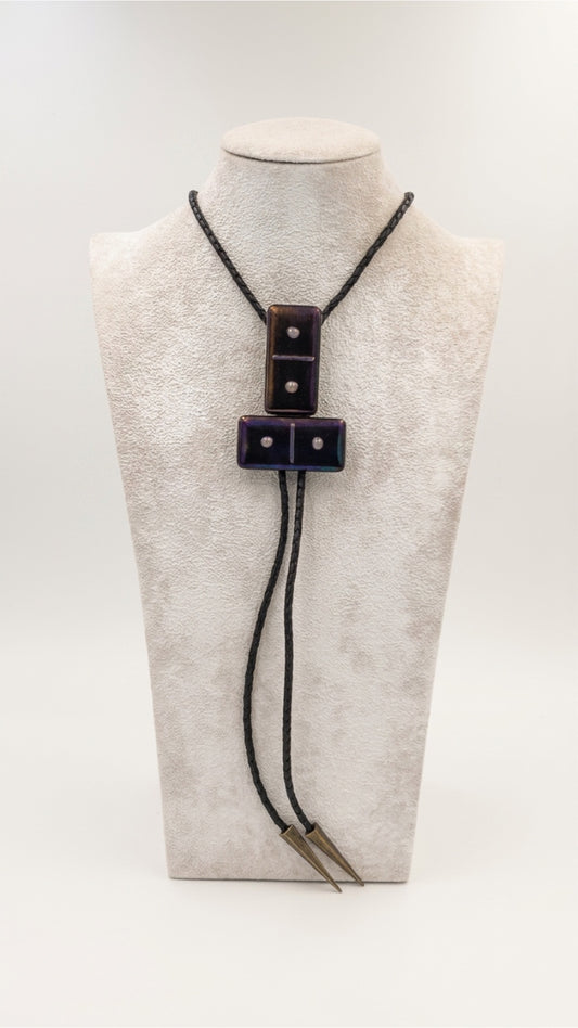 Black Iridescent Rainbow Fused Glass Domino Bolo Tie with Lilac Details - 2 Piece