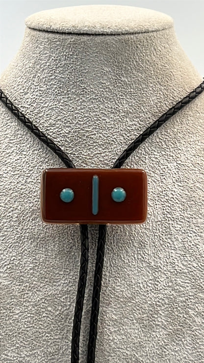 Burnt Orange Fused Glass Domino Bolo Tie with Aqua Details