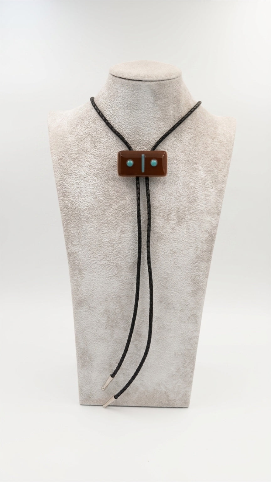 Burnt Orange Fused Glass Domino Bolo Tie with Aqua Details