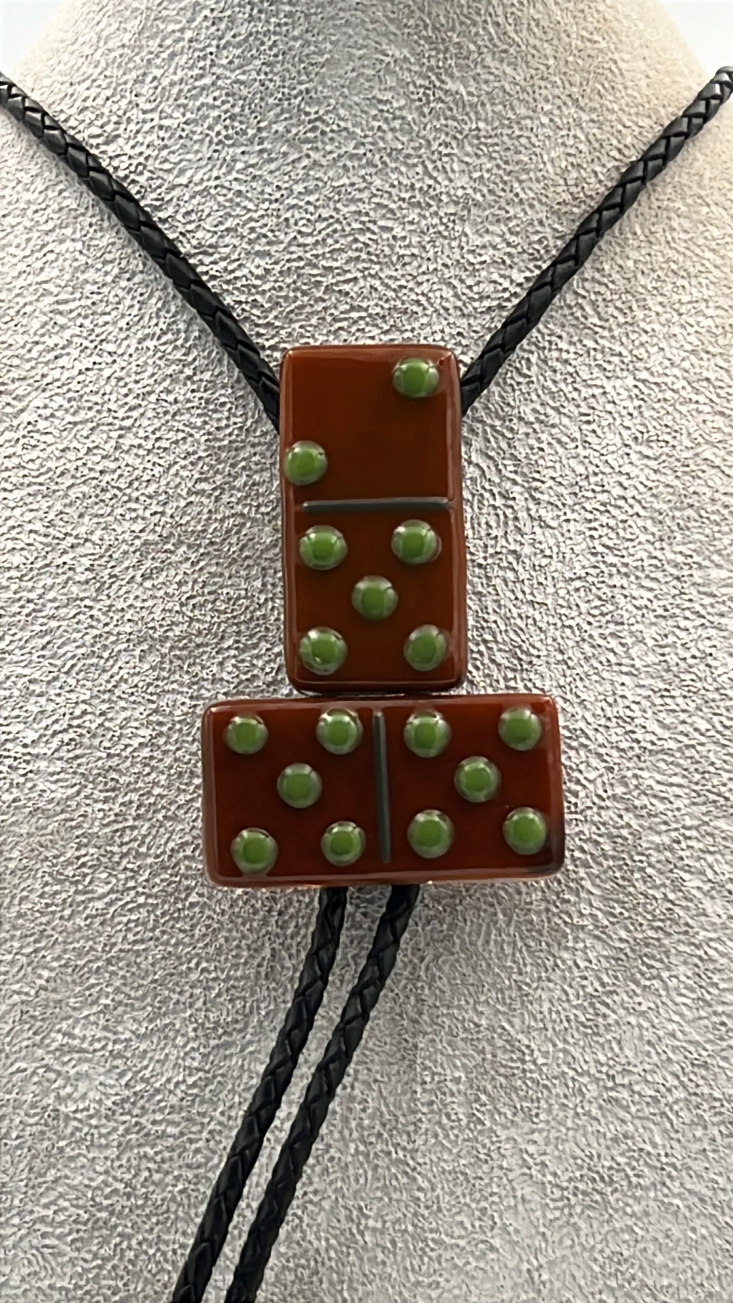 Burnt Orange Fused Glass Domino Bolo Tie with Olive Green Details - 2 Piece