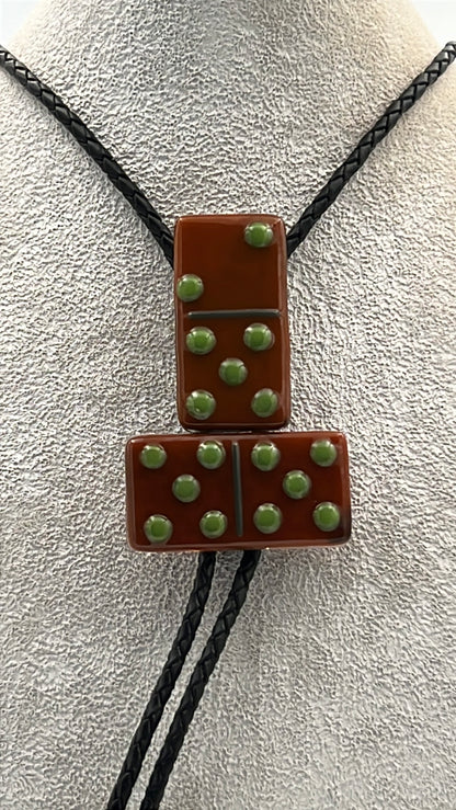 Burnt Orange Fused Glass Domino Bolo Tie with Olive Green Details - 2 Piece