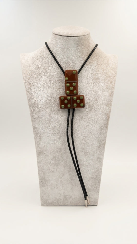 Burnt Orange Fused Glass Domino Bolo Tie with Olive Green Details - 2 Piece