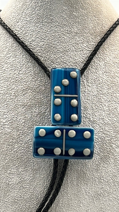 Copper Blue/White Mix Fused Glass Domino Bolo Tie with French Vanilla Details - 2 Piece