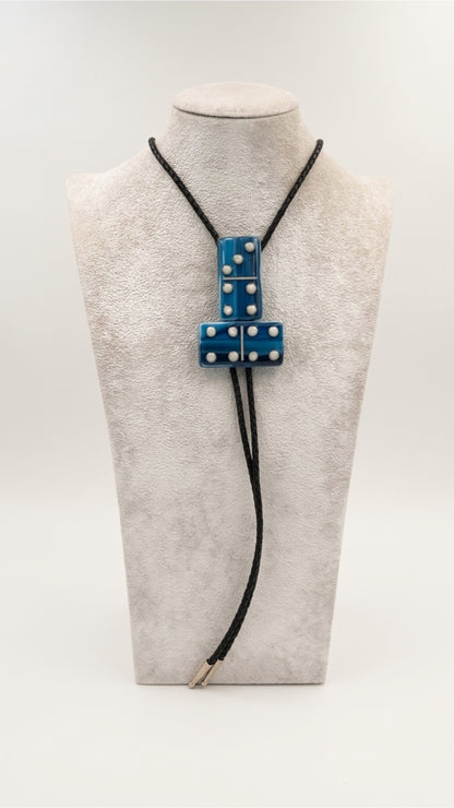Copper Blue/White Mix Fused Glass Domino Bolo Tie with French Vanilla Details - 2 Piece