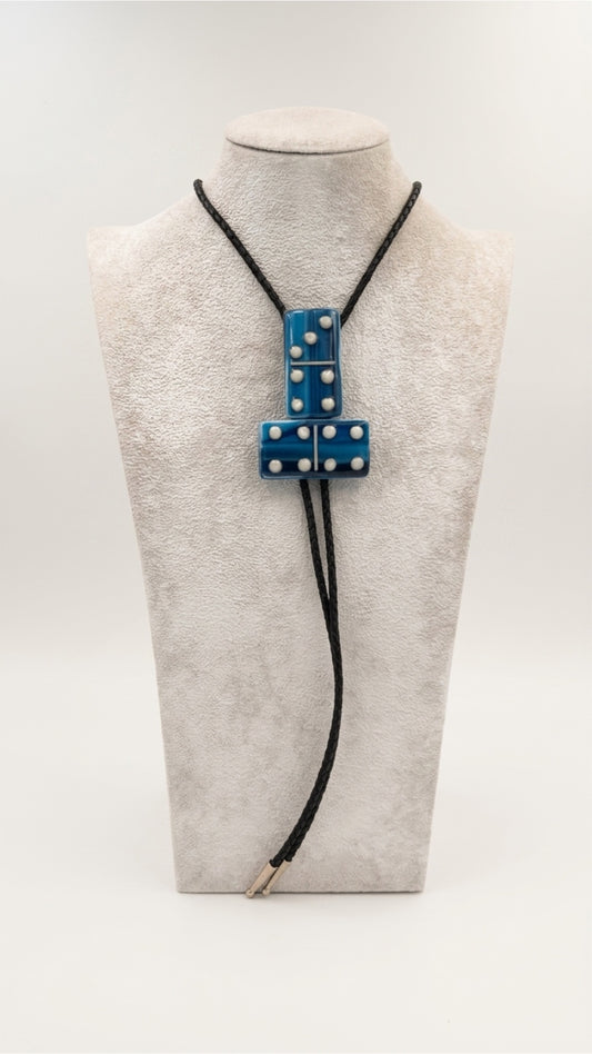 Copper Blue/White Mix Fused Glass Domino Bolo Tie with French Vanilla Details - 2 Piece