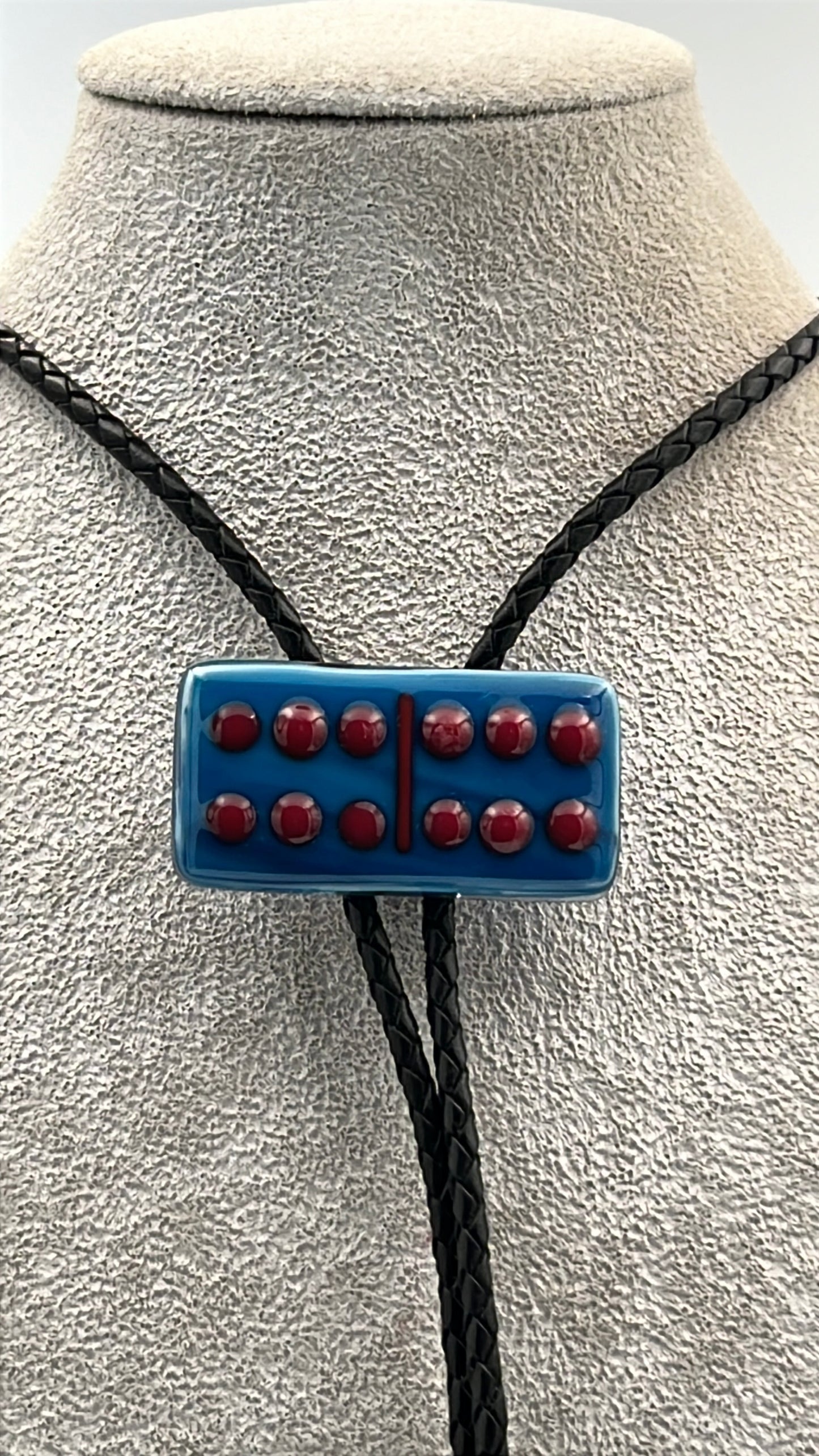 Copper Blue/White Mix Fused Glass Domino Bolo Tie with Red Details