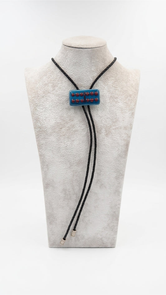 Copper Blue/White Mix Fused Glass Domino Bolo Tie with Red Details