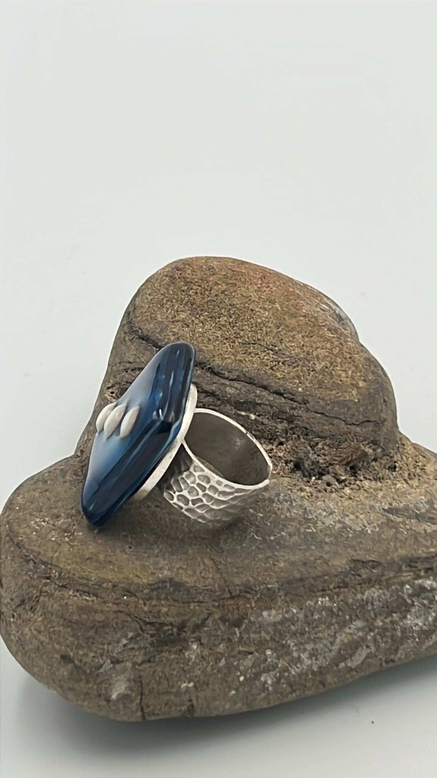 Copper/Blue Fused Glass Adjustable Number Ring with White Details