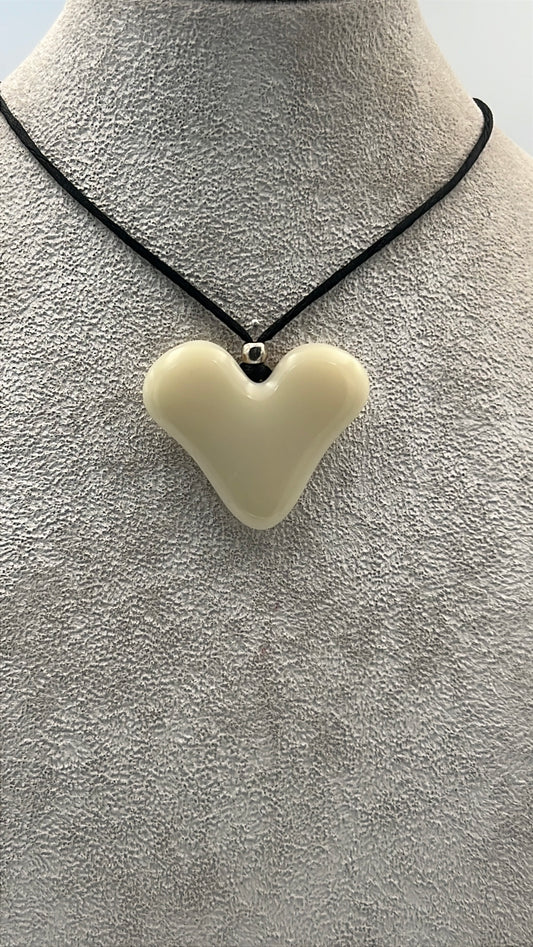 Cream Fused Glass Heart Pendant