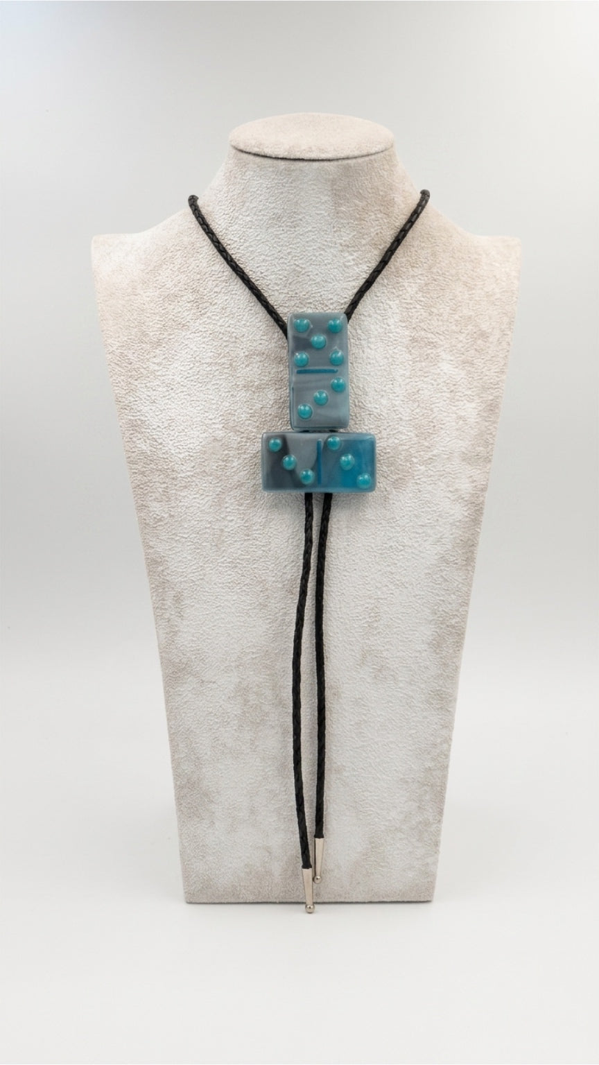 Cyan Black/White Mix Fused Glass Domino Bolo Tie with Turquoise Details - 2 Piece