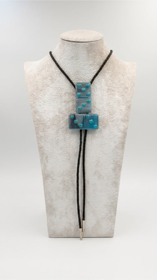 Cyan Black/White Mix Fused Glass Domino Bolo Tie with Turquoise Details - 2 Piece
