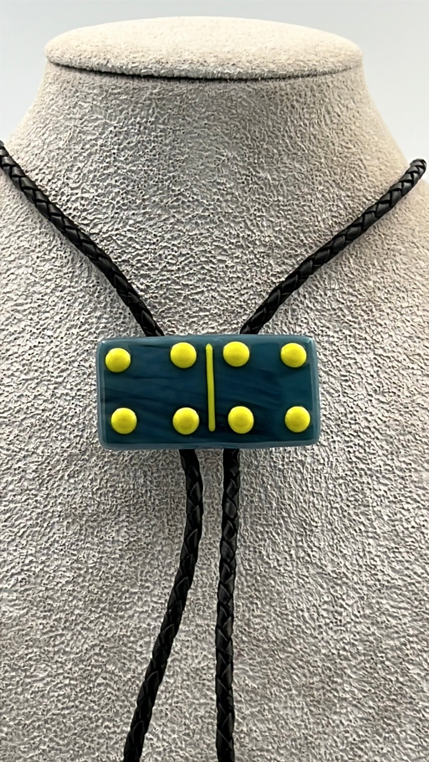 Cyan Black/White Mix Fused Glass Domino Bolo Tie with Yellow Details