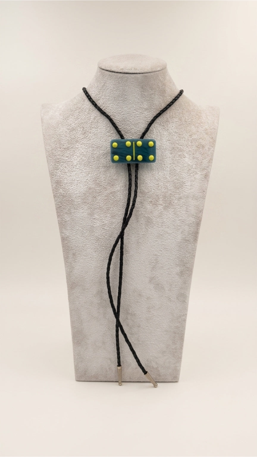 Cyan Black/White Mix Fused Glass Domino Bolo Tie with Yellow Details