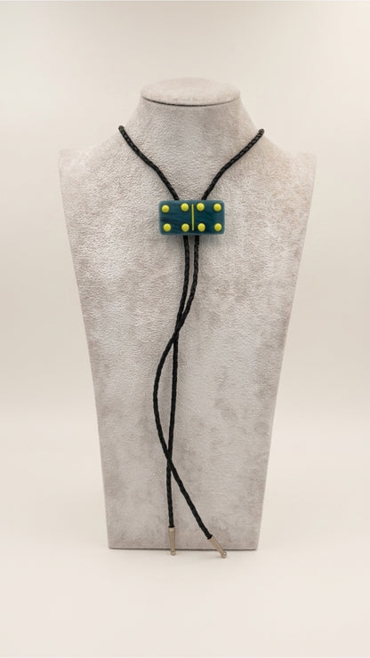 Cyan Black/White Mix Fused Glass Domino Bolo Tie with Yellow Details