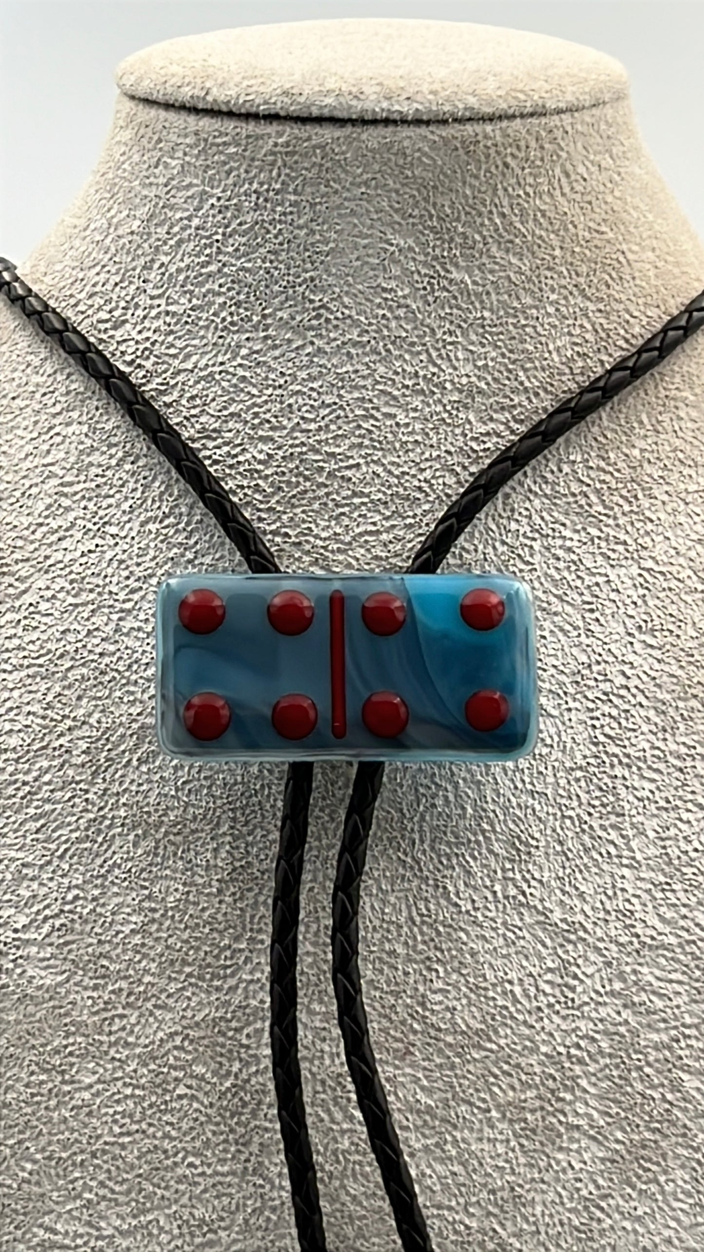 Cyan Black/White Mix Fused Glass Domino Bolo Tie with Red Details