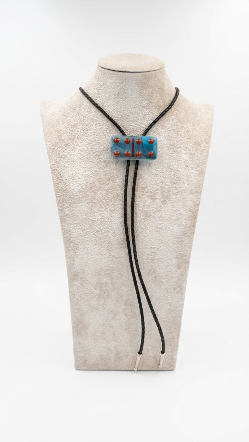 Cyan Black/White Mix Fused Glass Domino Bolo Tie with Red Details