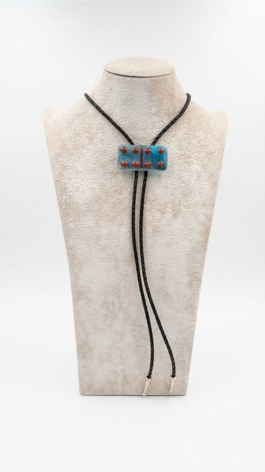 Cyan Black/White Mix Fused Glass Domino Bolo Tie with Red Details