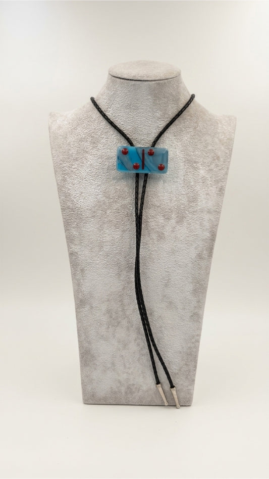 Cyan Black/White Mix Fused Glass Domino Bolo Tie with Red Details