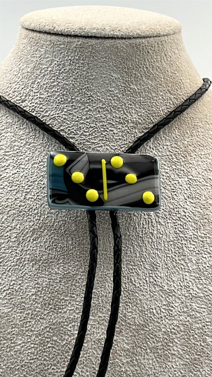 Cyan/Black/White Mix Fused Glass Domino Bolo Tie with Yellow Details