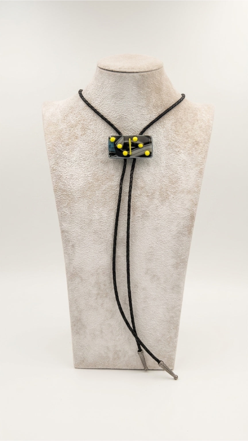 Cyan/Black/White Mix Fused Glass Domino Bolo Tie with Yellow Details