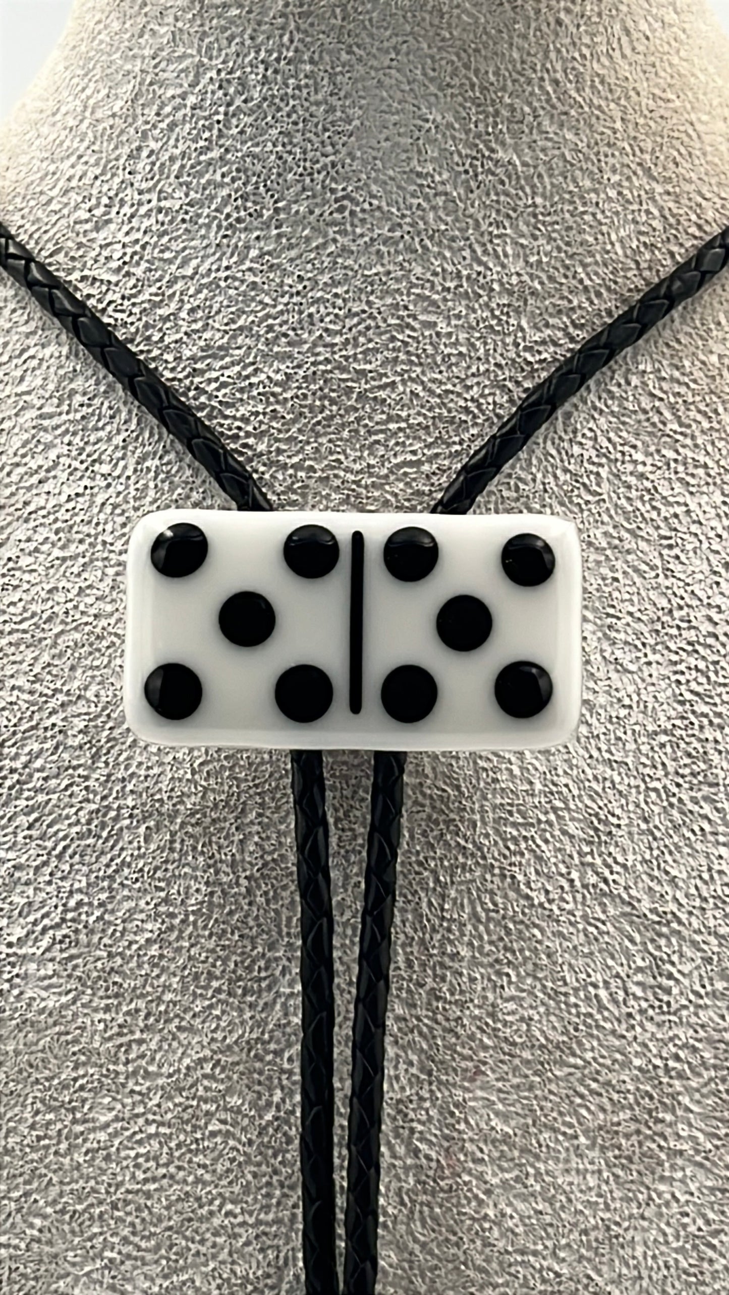 White Fused Glass Domino Bolo Tie with Black Details